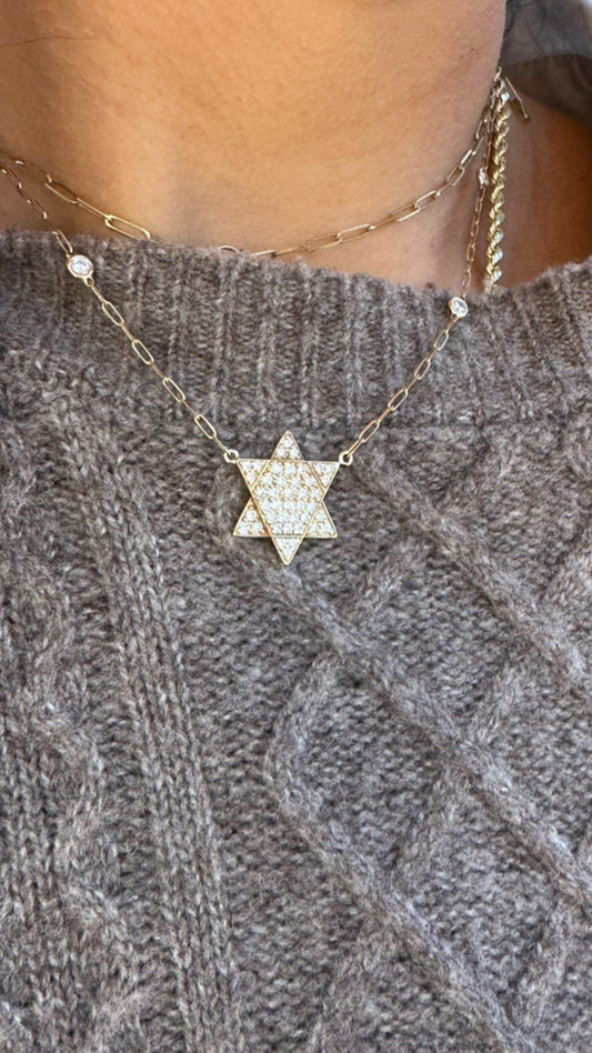 0.70ct Diamond Star Of David on Diamond by the Yard PaperClip Chain in 14K Yellow Gold