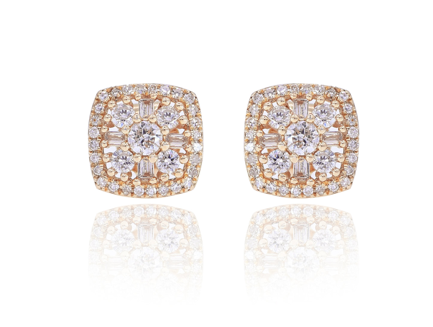 0.49ct Baguette And Round Diamond Cluster Studs in 14K Rose Gold