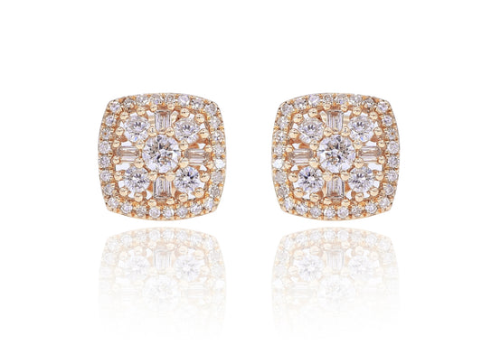 0.49ct Baguette And Round Diamond Cluster Studs in 14K Rose Gold